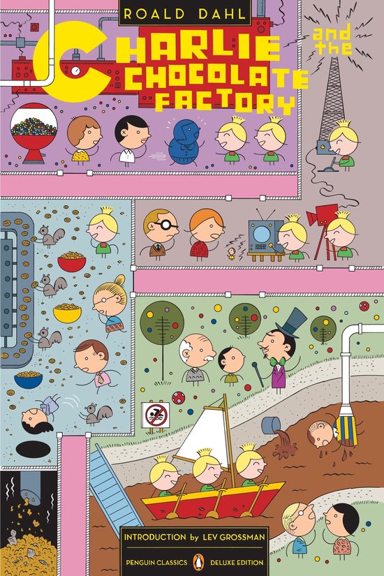 Boek 'Charlie & The Chocolate Factory' van Roald Dahl, met illustraties van kinderen en Willy Wonka.