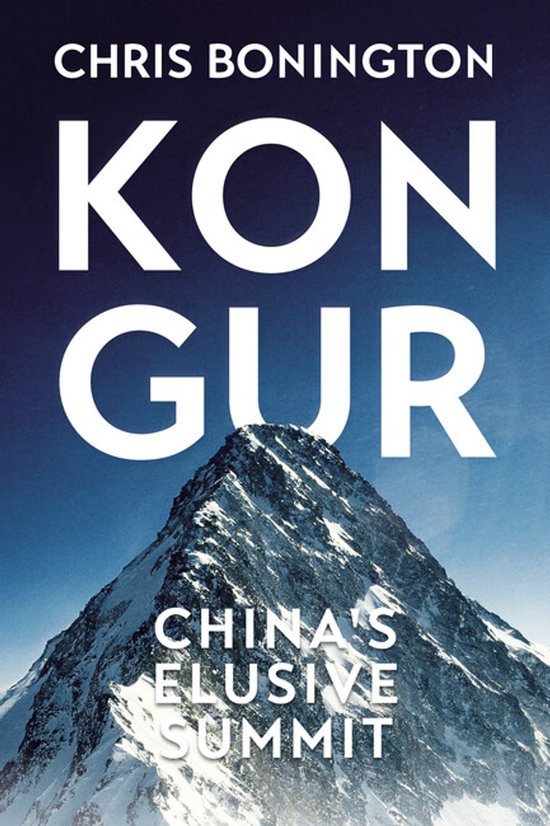 Boekomslag: 'Kongur' door Chris Bonington, met een besneeuwde bergtop onder een diepblauwe lucht.