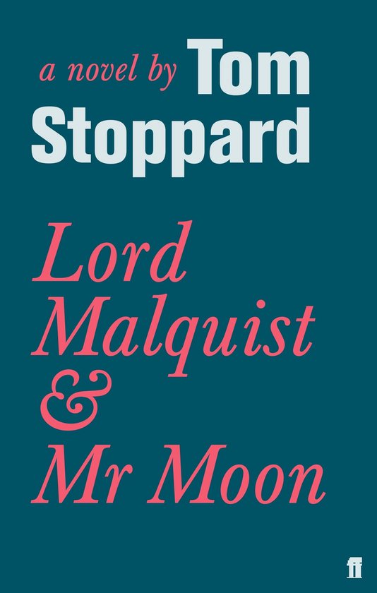 Boek "Lord Malquist & Mr Moon" van Tom Stoppard, met rode en witte letters op een blauwe achtergrond.