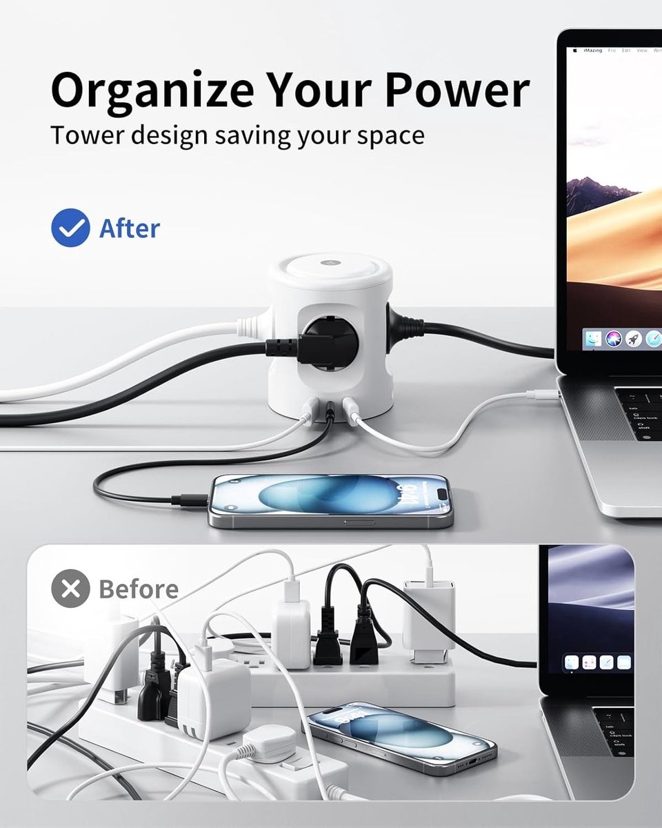 Meervoudige Stekkerdoos met Licht - Wit - 7-in-1 Stopcontact - USB-Oplaadpoorten - Voor Thuis en Kantoor