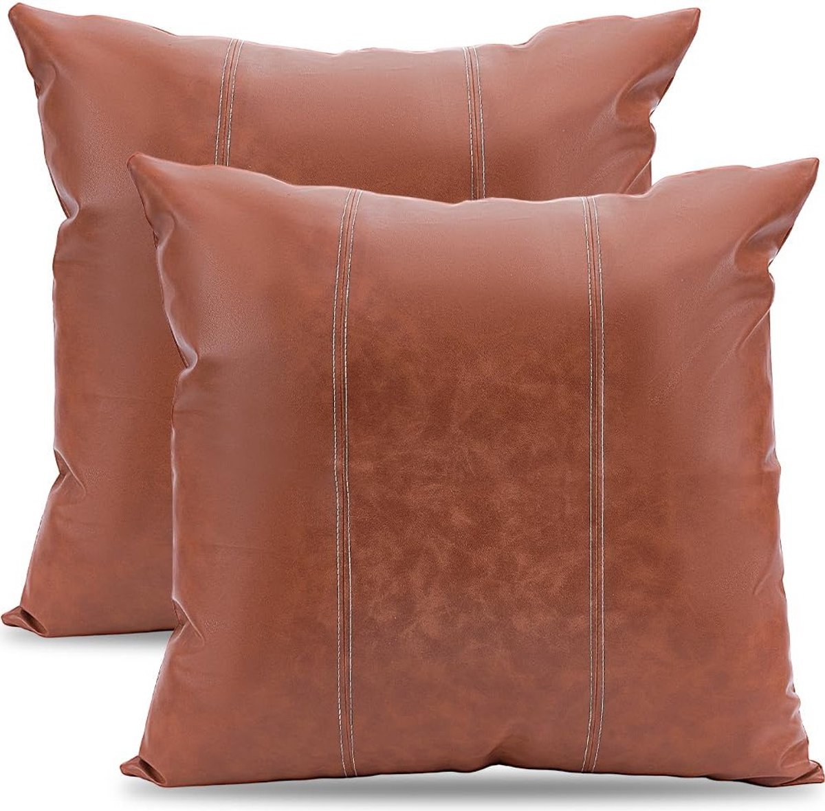 Set van 2 Neplederen Kussenhoezen Bruin Bohemian Stijl Eenvoudige Decoratieve Kussens 45 x 45 cm Dikke Moderne Vegan Leren Kussenhoezen voor Bank, Bed en Slaapkamer