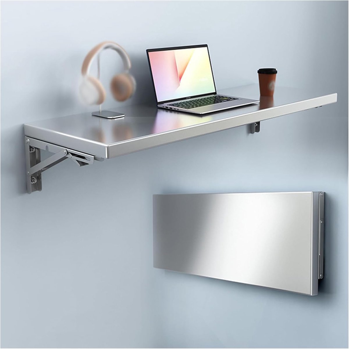 Klaptafel Wandbureau - Opvouwbaar Bureau - Ruimte Besparen - Roestvrij Staal - 90x40cm - Zilverkleurig
