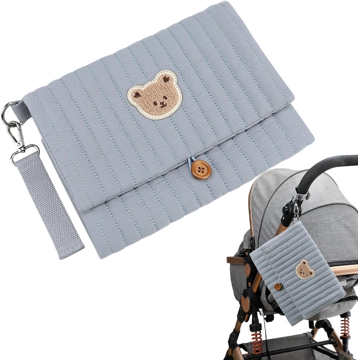 Opbergzakje Luiertas - Draagtas Organizer - Baby Spullen - Beer Borduurwerk - 24x19cm - Blauw