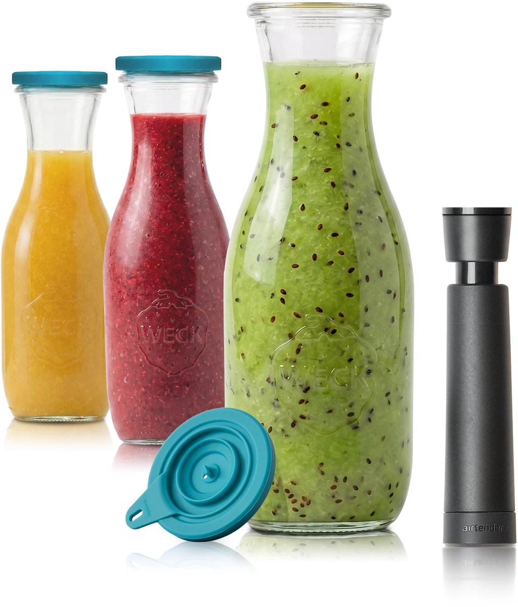 Airtender Smoothie Saver (3st.) | 3x Vacuüm karaf van glas (1000ml) | 3x Vacuümdeksel + GRATIS -pomp | 100% Plasticvrij | Smoothies, juices en shakes tot 5x langer vers, kleurrijk en vitaminerijk | Maak smoothies voor de hele week! | + To-Go Clip
