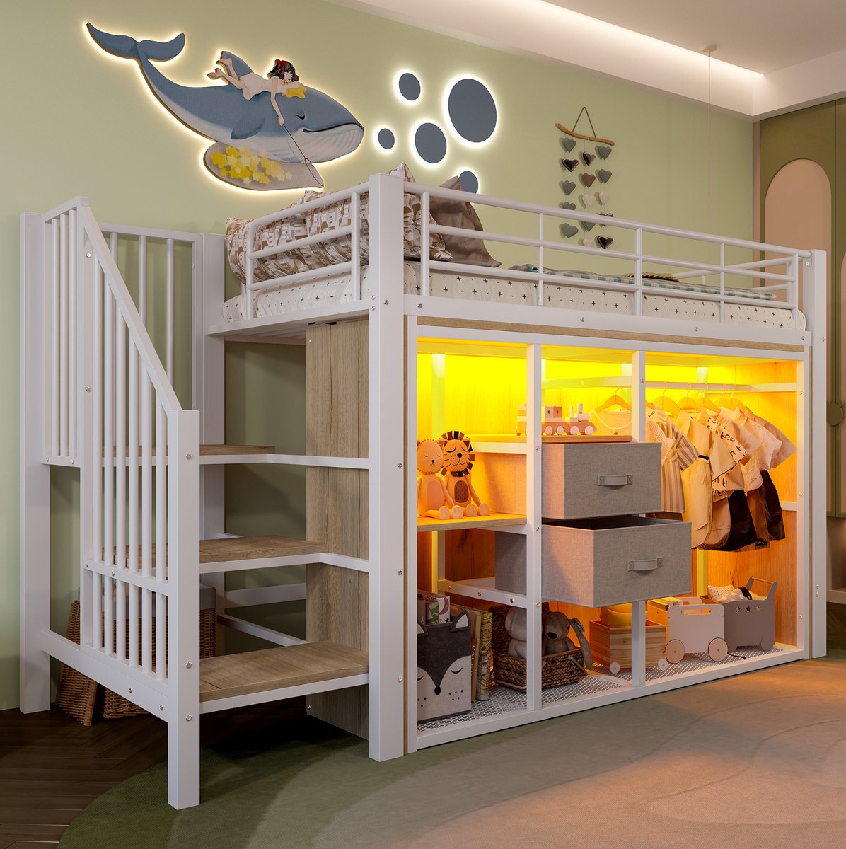 MEUNIQ Halfhoogslaper 90 x 200 cm met 2 lades, open kledinggedeelte, meerdere opbergvakken en meerkleurige LED-verlichting, metalen bedframe voor kinderkamer, wit White