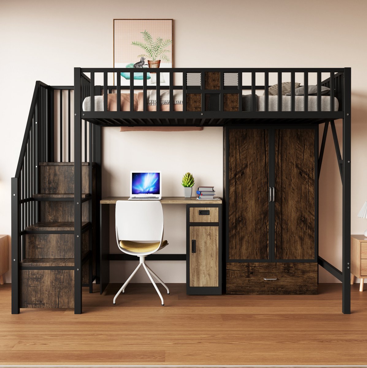 MEUNIQ Hoogslaper 90 x 200 cm met kledingkast, lade en opbergleer, metalen frame met houtlook panelen voor slaapkamer, zwart Black