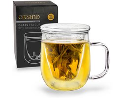 Creano theeglas 450ml - Grote theekop met glazen zeef en deksel - een ideale theezetmethode