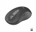 Grijze Logitech M650 L muis met verlicht groen indicatielampje en USB-ontvanger.