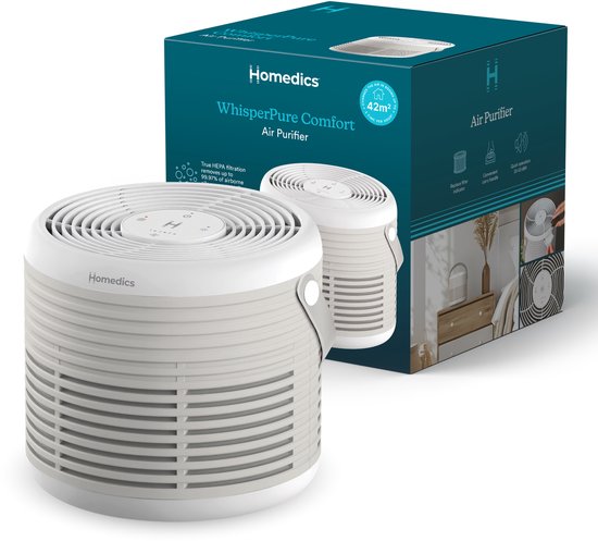 Wit HoMedics WhisperPure Comfort luchtreiniger en de verpakking, met informatie over HEPA-filtratie en de dekking van 42m².