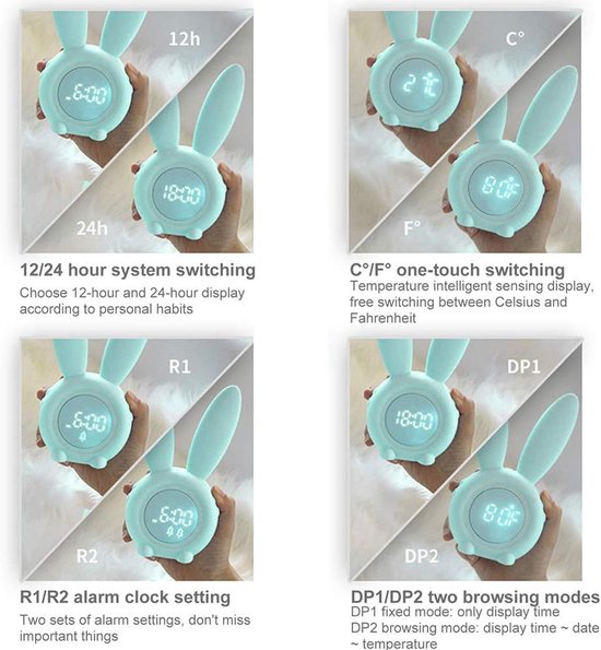 Kinderwekker Konijn - Digitale Led Klok - Kinderen Leren Slapen - Magnetische Bevestiging - 17.5 cm - Groen — afbeelding 5