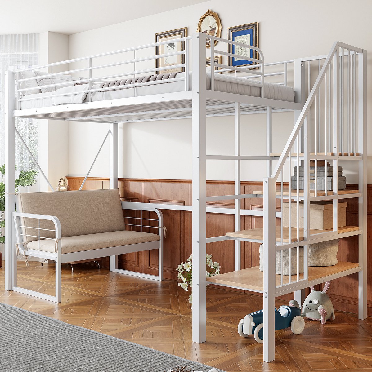 MEUNIQ stapelbed 90 x 200 cm met metalen frame, opbergladder, uitneembare stoffen sofa en veiligheidsleuning voor slaapkamer in wit White