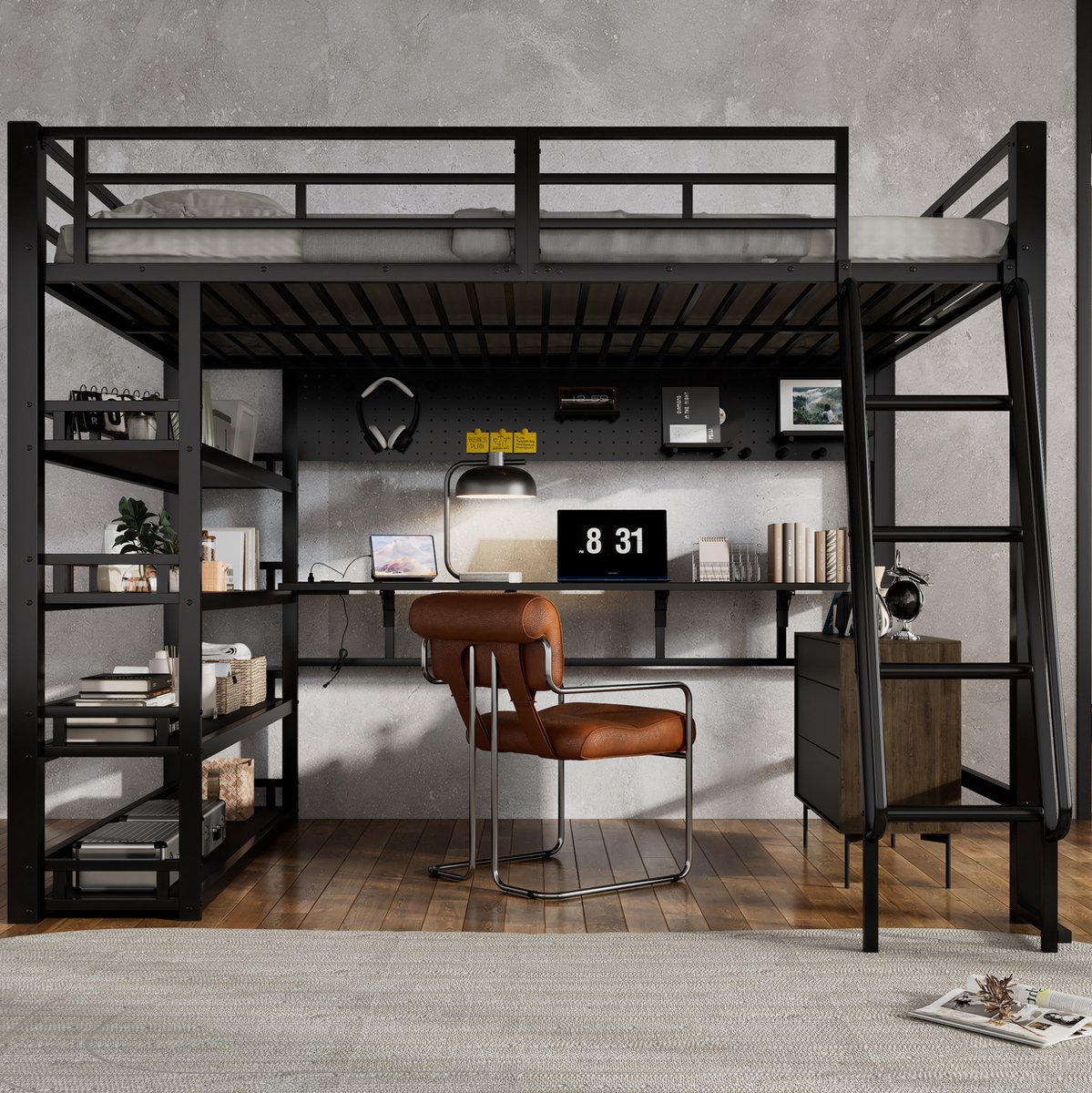 MEUNIQ Hoogslaper 140x200 cm met bureau, meerdere opbergplanken, laadpoort en vierstaps ladder, zwart metaal en spaanplaat voor slaapkamer of kinderkamer