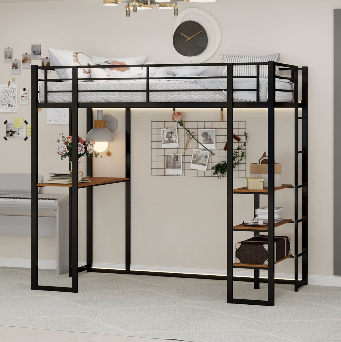 MEUNIQ Hoogslaper 90x190 cm met bureau, ladder, uitvalbeveiliging en opbergruimte, metalen bedframe voor kinderkamer in zwart Black