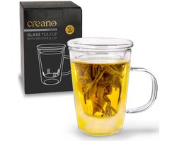 Creano theeglas 400ml - Grote theekop met glazen zeef en deksel - een ideale theezetter