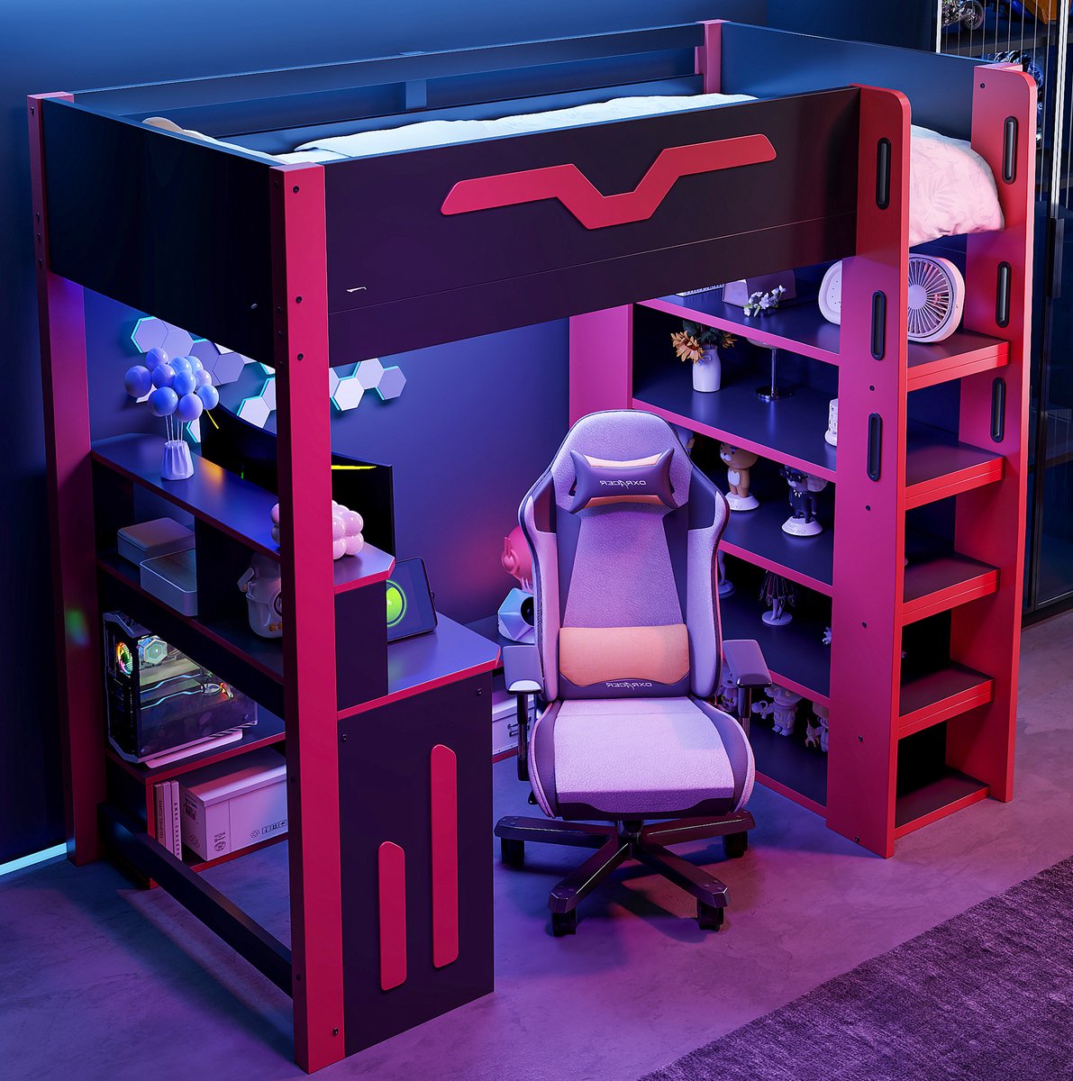 MEUNIQ hoogslaper 90x200 cm met bureau, meerlaagse opbergruimte, LED-verlichting en trap met opbergruimte voor kinderkamer, zwart/rood