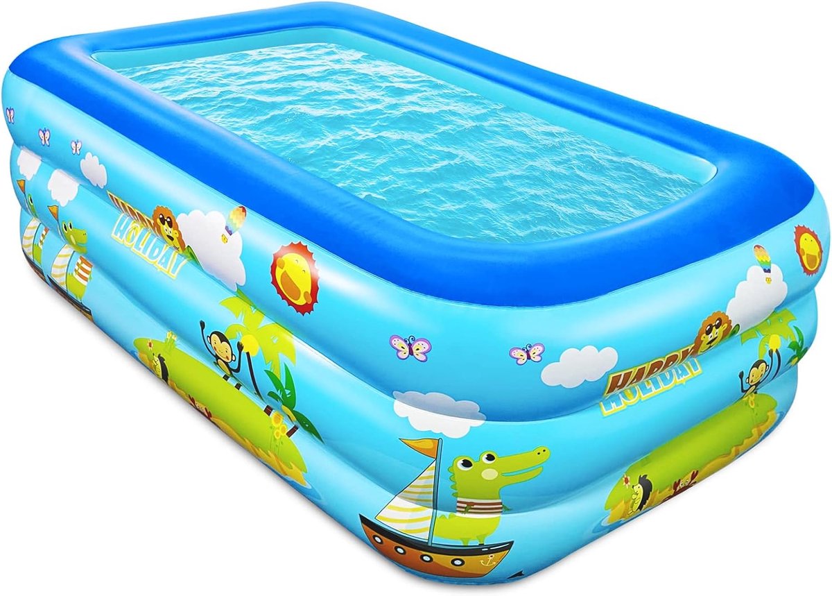 Ulisem - Opblaasbaar zwembad - Rechthoekig 3-ring kinderbadje met zachte antislip bodem - Stevig PVC materiaal - Snel op te blazen met 3 luchtkamers - Makkelijk af te laten via bodemplug - Ook te gebruiken als ballenbad - Voor tuin - 180*125*60cm