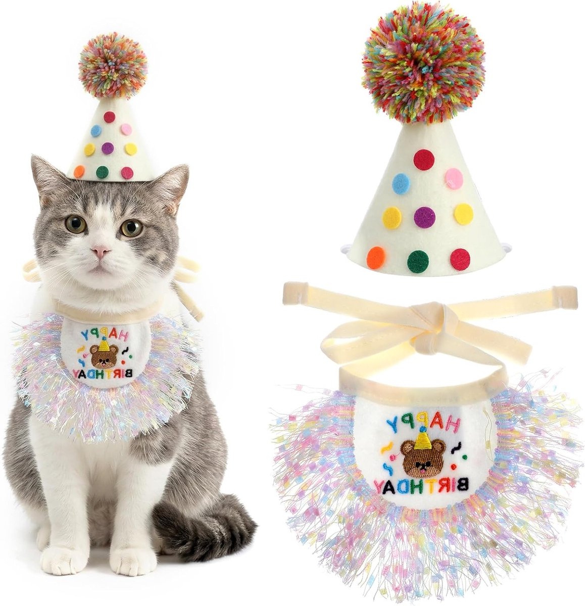 Verjaardagshoed en bandana sjaal voor katten, schattige feestoutfit met kostuums en decoraties voor kleine en middelgrote katten