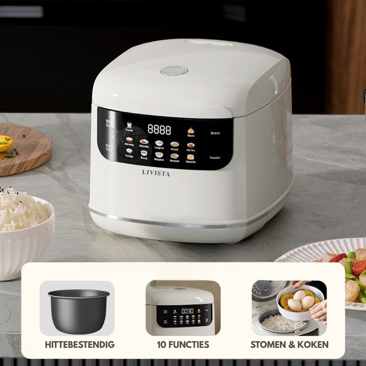 Livista Rijstkoker – 2L – Multicooker – Met Stoomfunctie, Timer en Warmhoudfunctie – 10 Programma's – Titanium Binnenpan – Touchscreen – Wit – foto 3
