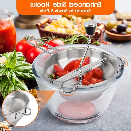 Handmatige Aardappelpers met 3 Schijven en Antislip Handvat voor Groenten, Tomatensaus en Appelmoes, RVS Draaiende Voedselmolen voor Puree en Soepen — afbeelding 4