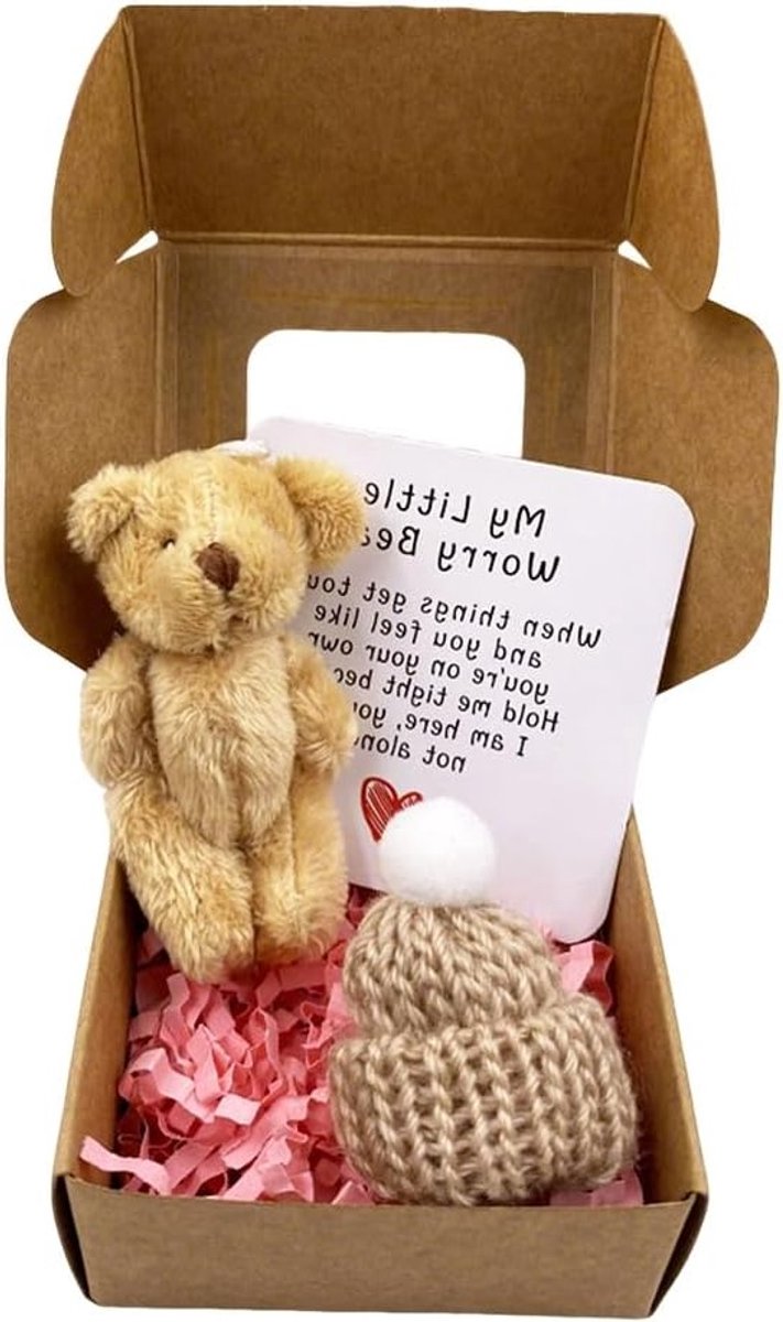 Mini Handgemaakte Pluche Beer in Doos met Inspirerende Kaart, Klein Zakformaat Aandenken voor Kinderen, Lichtbruin, Perfect Cadeau voor Verjaardagen en Feestdagen