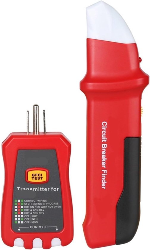 Rode Circuit Breaker Finder met witte tip naast een rode zender met stroomstekker en GFCI-testknop.