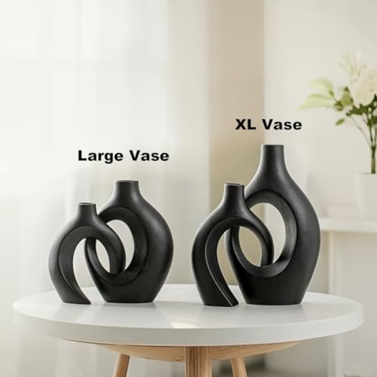 Nazik Living Set van 2 keramische vazen - Modern wit - Boho ronde bloemenvazen voor binnen - XL formaat - Zwart