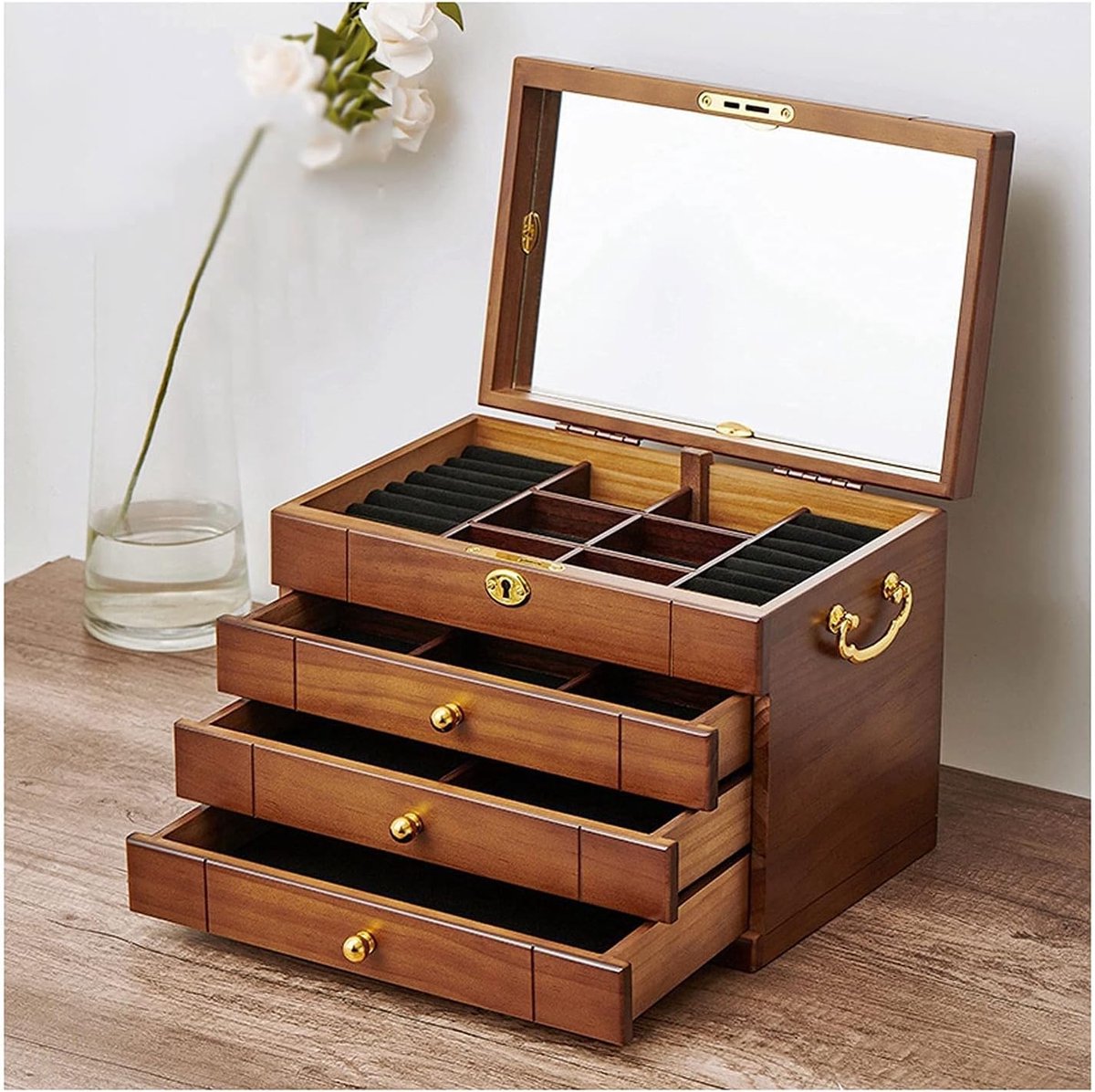 Houten Sieradenkist - Juwelendoos Opbergkast - Sieraden Organiseren - Met Spiegels - 3 Lagen - Houtkleur