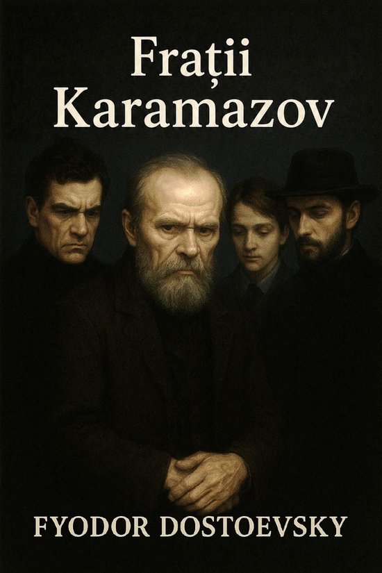 Boekcover van 'De Gebroeders Karamazov' door Fjodor Dostojevski, met een donkere illustratie van vier mannen met intense gezichten.
