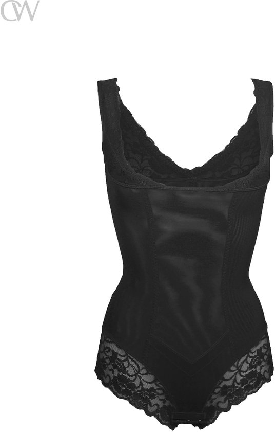 Zwarte body met kanten details en V-hals.