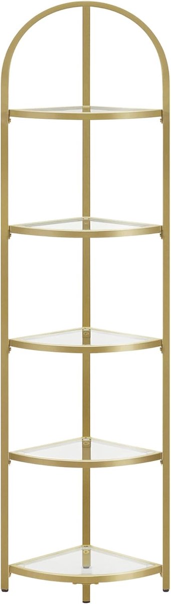 Famanu – Hoekplank met 5 verdiepingen, glazen planken en gouden frame, ruimtebesparend voor woonkamer en badkamer