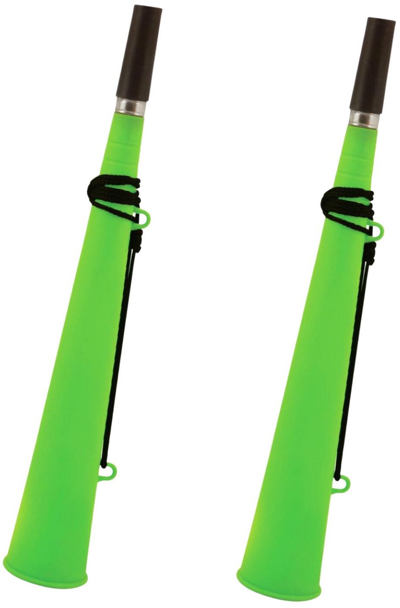 Henbrandt feest / party blaas toeters - set 2x stuks - neon groen - 37 cm - feestartikelen verjaardag - geluidmakers - hoorns - supporters