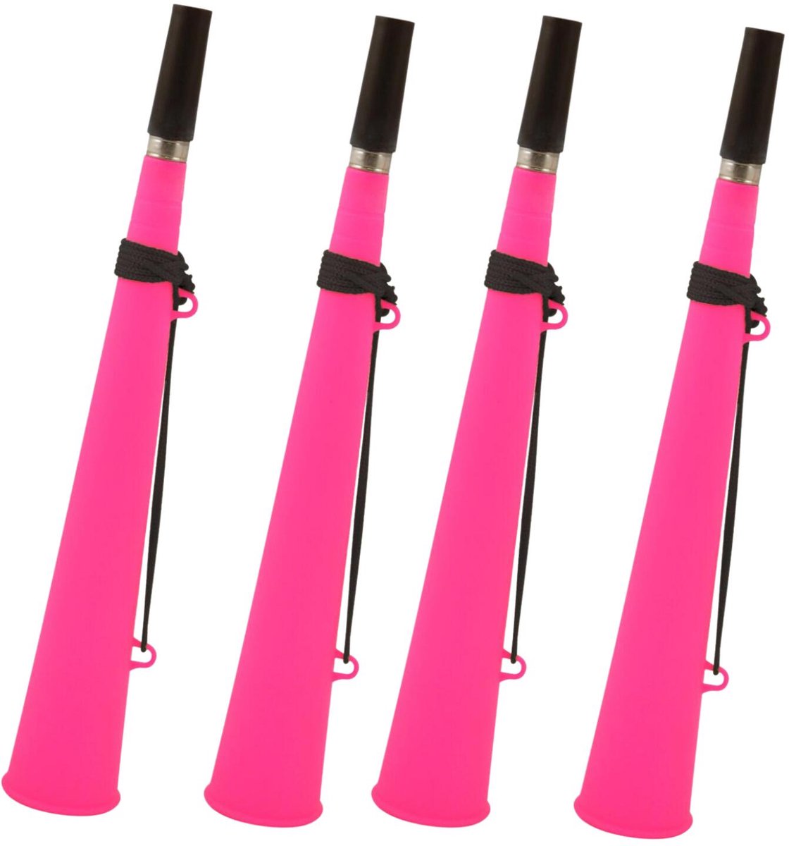 Henbrandt feest / party blaas toeters - set 4x stuks - neon roze - 37 cm - feestartikelen verjaardag - geluidmakers - hoorns - supporters