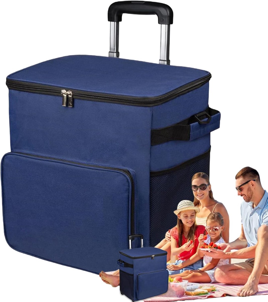 Koelbox met wielen - Reiswagen - Picknicken en kamperen - Waterdichte isolatie - 35 liter - Marineblauw