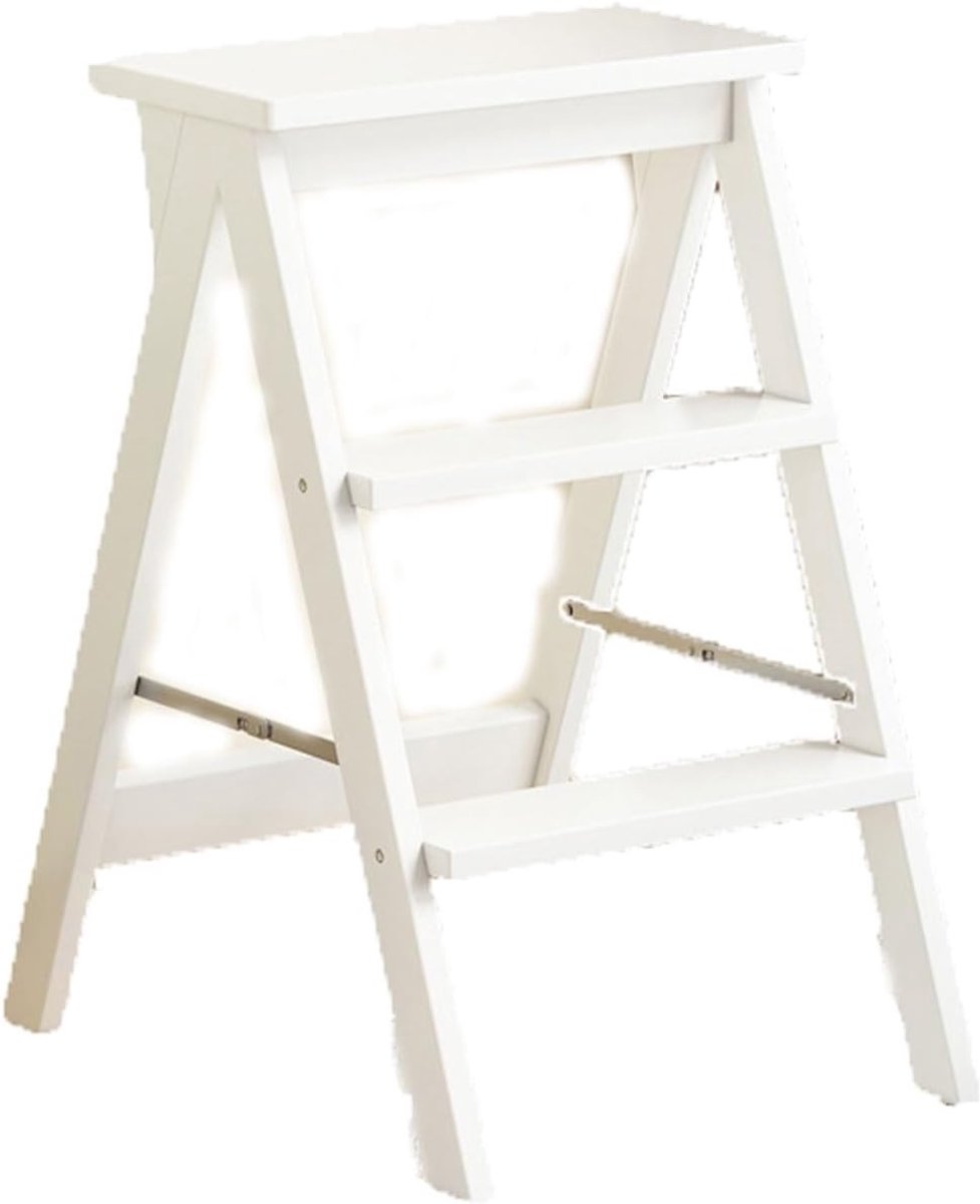 Houten Opstapje - Ladderbank Kruk - Veilig Reiken - Opvouwbaar Ontwerp - 64.5 cm Hoog - Wit