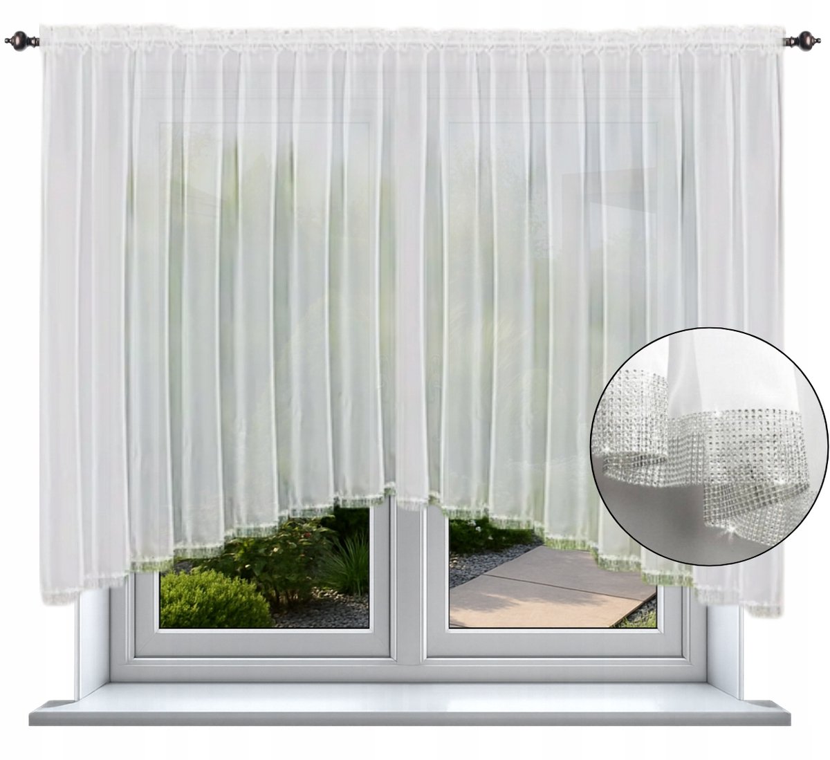 NOW-ART Zonder merk - Boogvormig vitragegordijn - 150 x 200 cm - Met strass-steentjes - Wit Wit;Zilver
