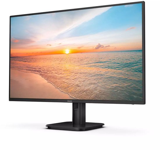 Schuin vooraanzicht van een 27-inch Philips-monitor met een zwart frame en een zonsondergang als wallpaper.