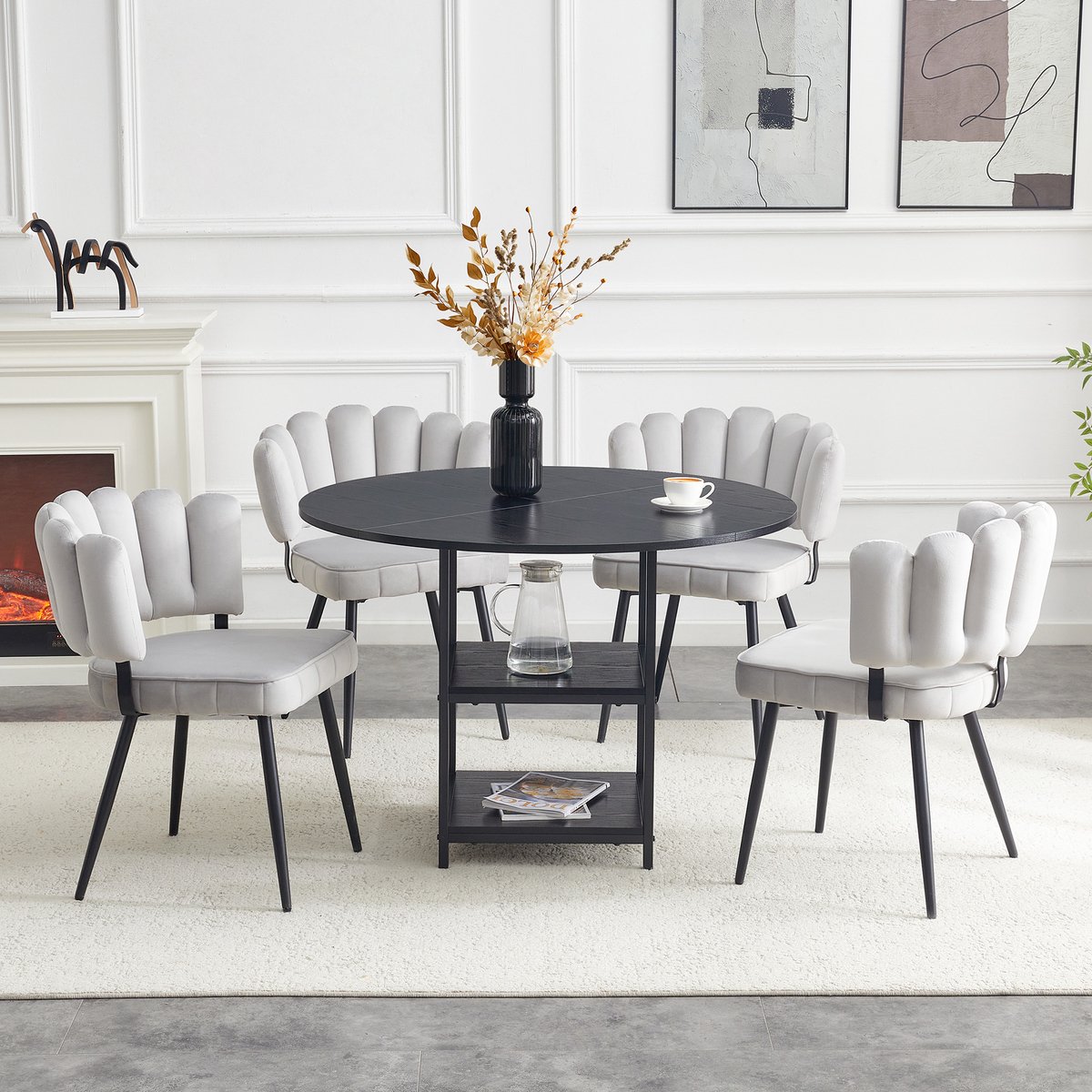 MODENUIT Stoelenset 107 cm - Ronde Tafel met 2 Opbergplanken - Voor Eetkamer - MDF en Metaal - Zwart Lichtgrijs Zwart, Lichtgrijs