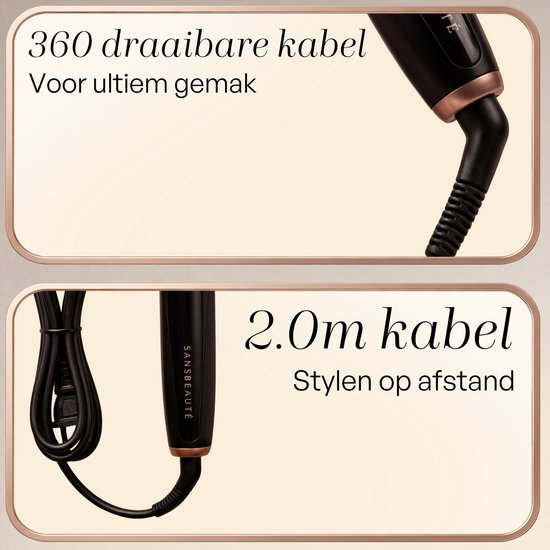 Zwarte automatische krultang met 360° draaibare kabel en een 2.0m lange kabel.