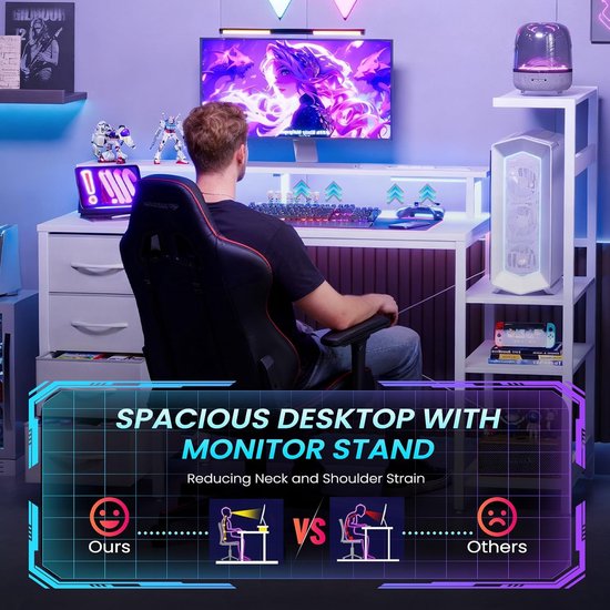 Gaming bureau - PC tafel - Comfortabel werken - Met RGB verlichting - 130 cm breed - Wit — afbeelding 3