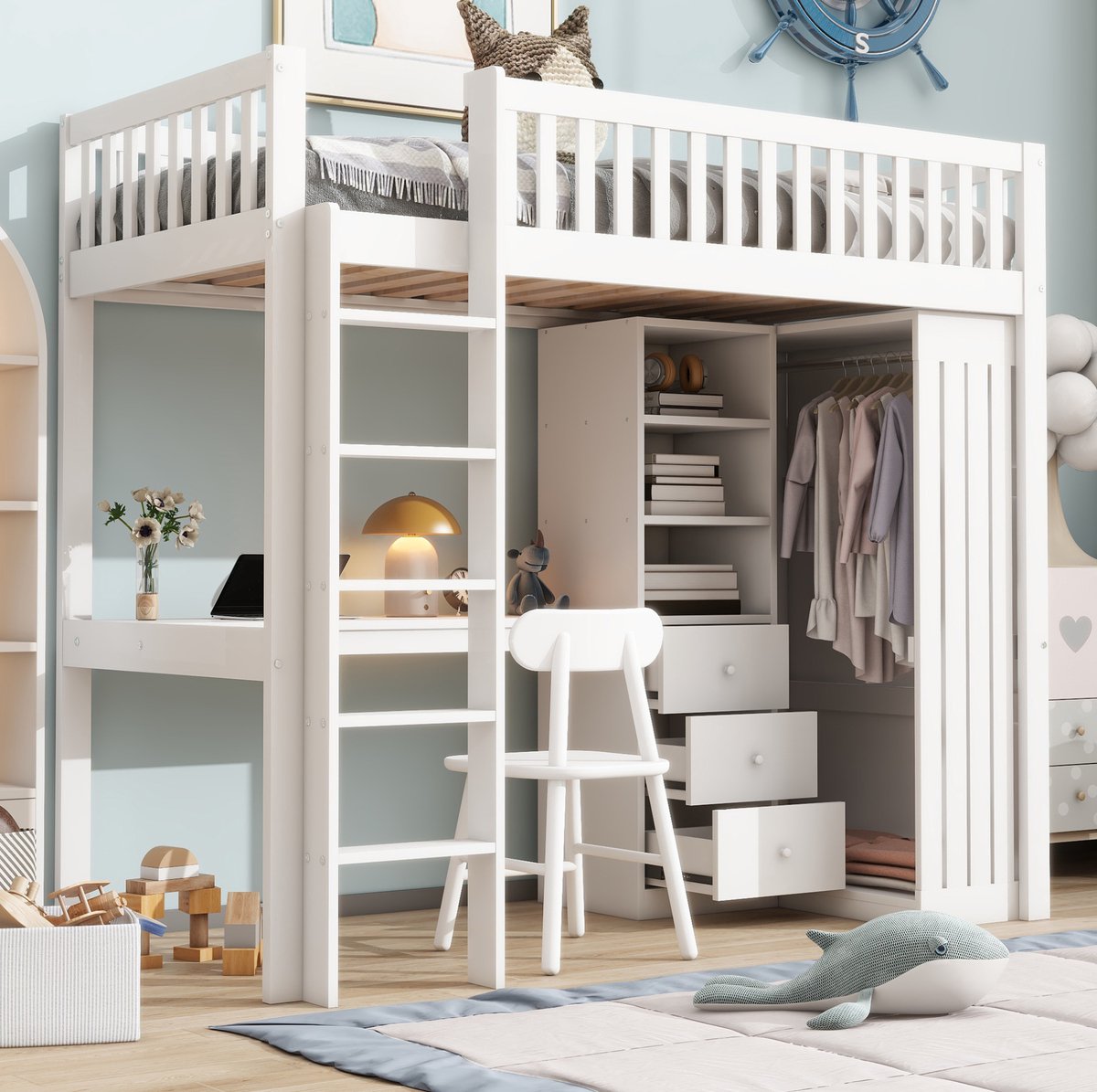 MEUNIQ Hoogslaper 90 x 200 cm met bureau, kledingkast, 3 lades, open opbergruimte, ladder en uitvalbeveiliging voor kinderkamer, wit White