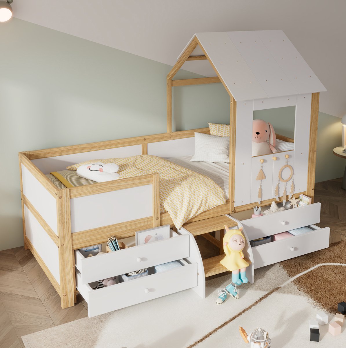 MEUNIQ halfhoogslaper kinderbed 90x200 cm met dak en raam, 4 lades, kleine trap en vierzijdige omheining, huisbed voor de kinderkamer, wit en naturel