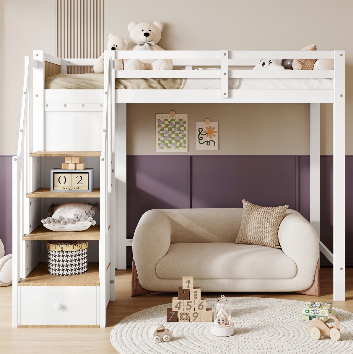 MEUNIQ hoogslaper 90x200 cm met bureau, 3 lades, open opbergvak en trapkast, kinderbed met uitvalbeveiliging, wit/naturel voor kinderkamer Wit + naturel
