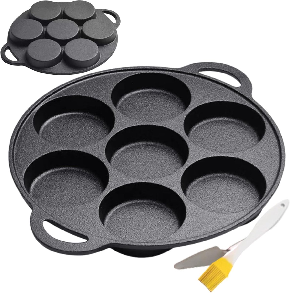 Gietijzeren Pannenkoekenpan - Ontbijt Pan - Ontbijt Bereiden - Zeven Gaten - 30.5 cm - Zwart