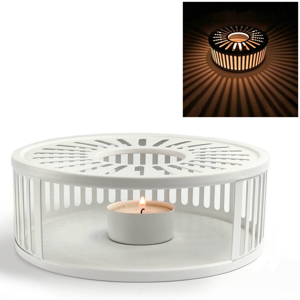 Creano witte design warmer "Stripes" van roestvrij staal met theelichthouder - stabiel, rammelt niet - geschikt voor alle theepotten