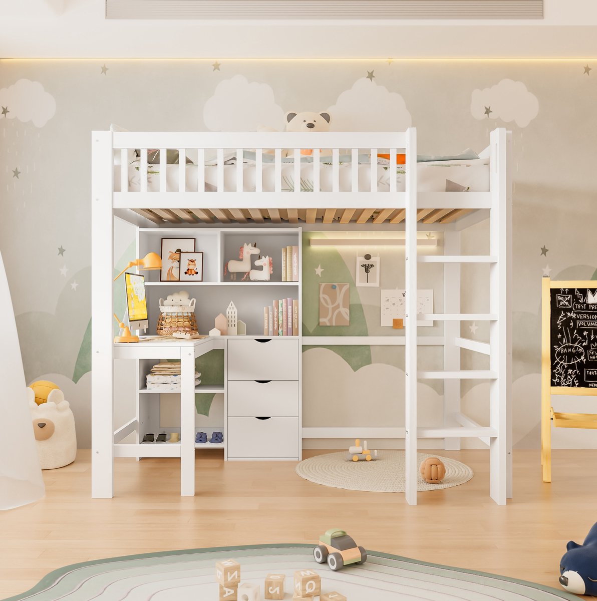 MEUNIQ Hoogslaper 90x200 cm met bureau, 3 lades, open opbergvakken, ladder en uitvalbeveiliging voor kinderkamer, zonder matras, wit