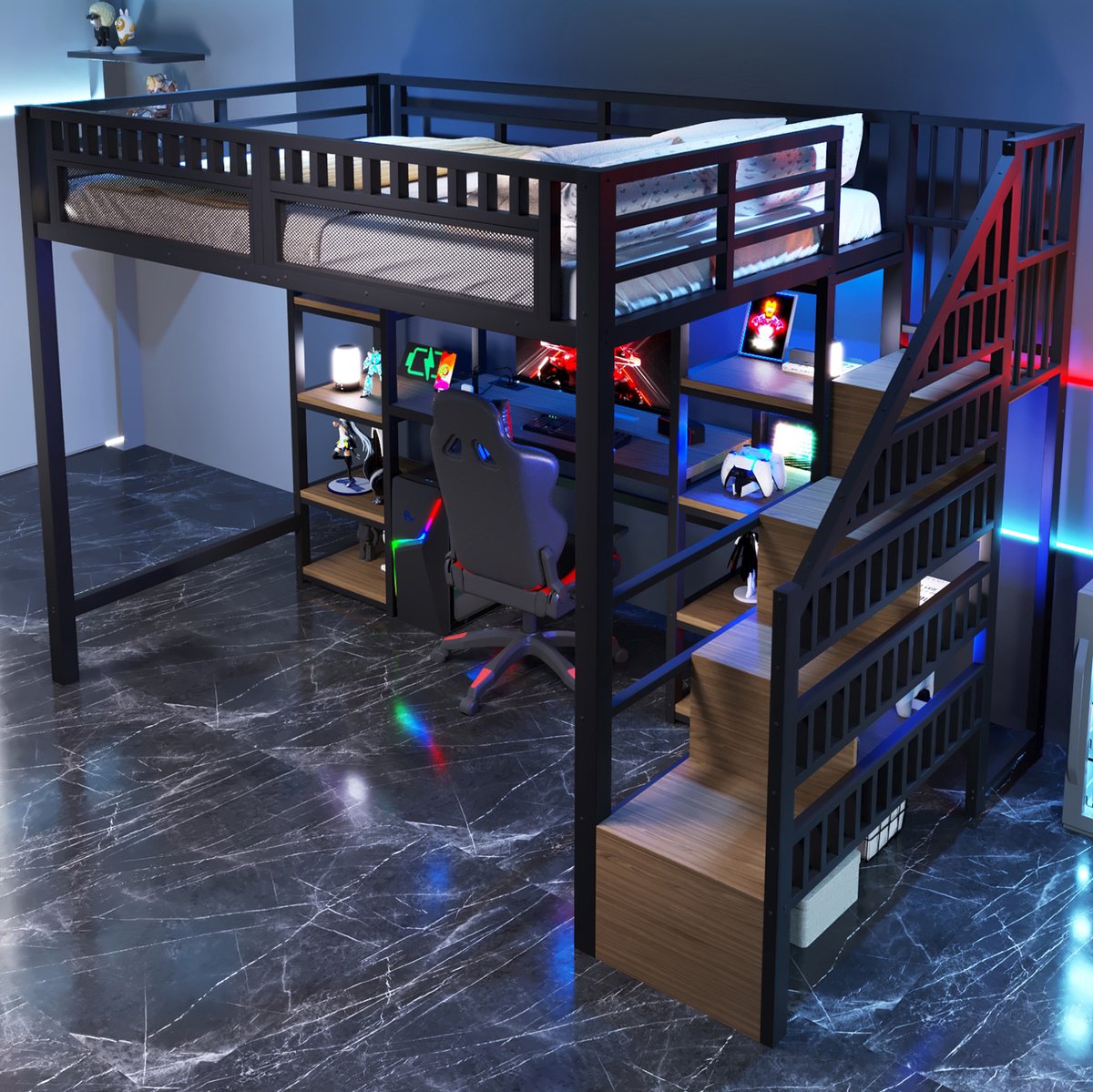 MEUNIQ hoogslaper 140 x 200 cm met bureau, opbergruimte in trap en schappen, LED-lichtstrip en USB-aansluiting, metalen bedframe voor slaapkamer, zwart Black