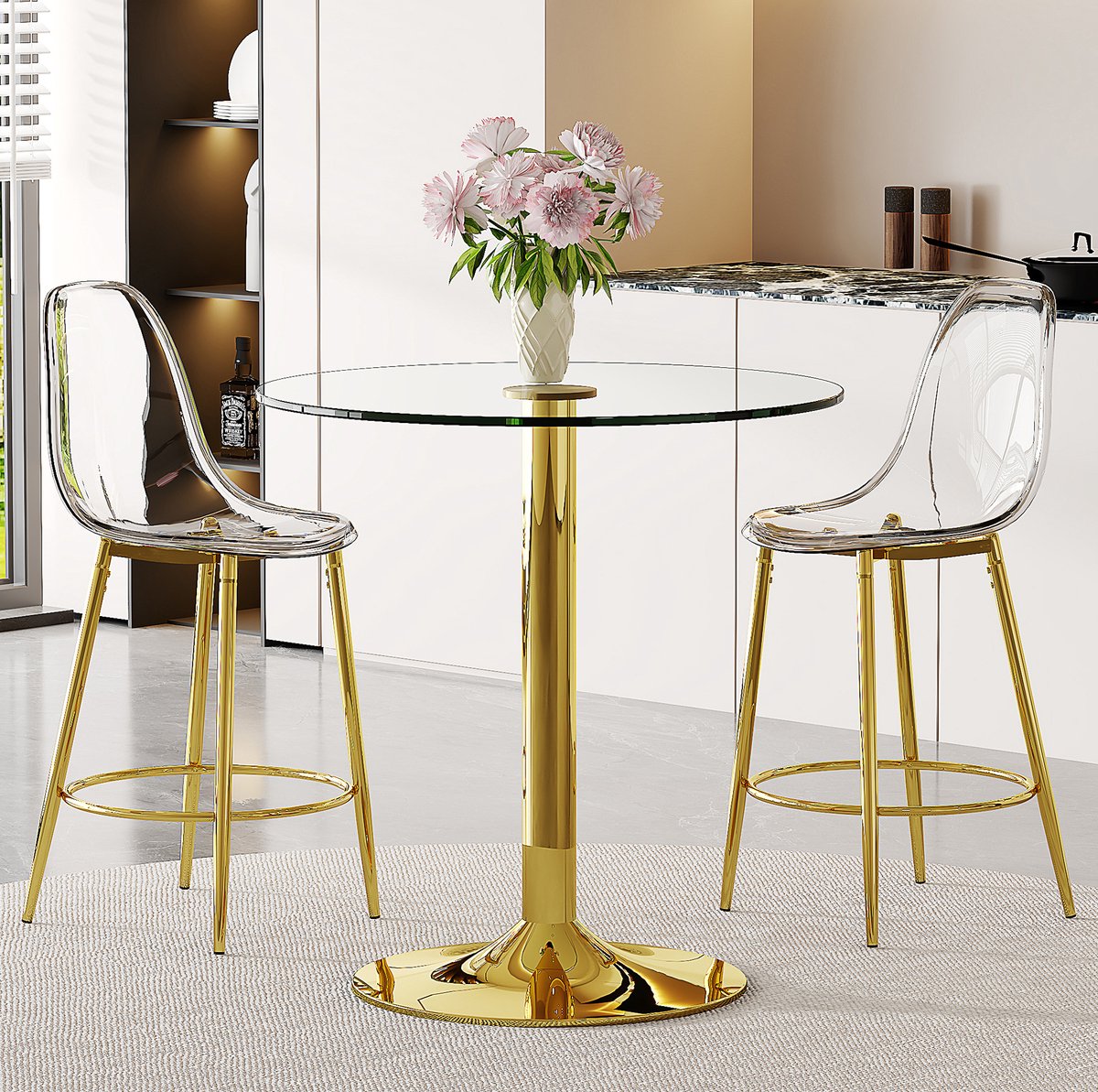 HAUSS SPOLE Barset - Ronde Glazen Bartafel Met 2 Transparante Barkrukken - Ruimtebesparend En Stabiel - Voor Keuken En Barhoek - Goud Transparant