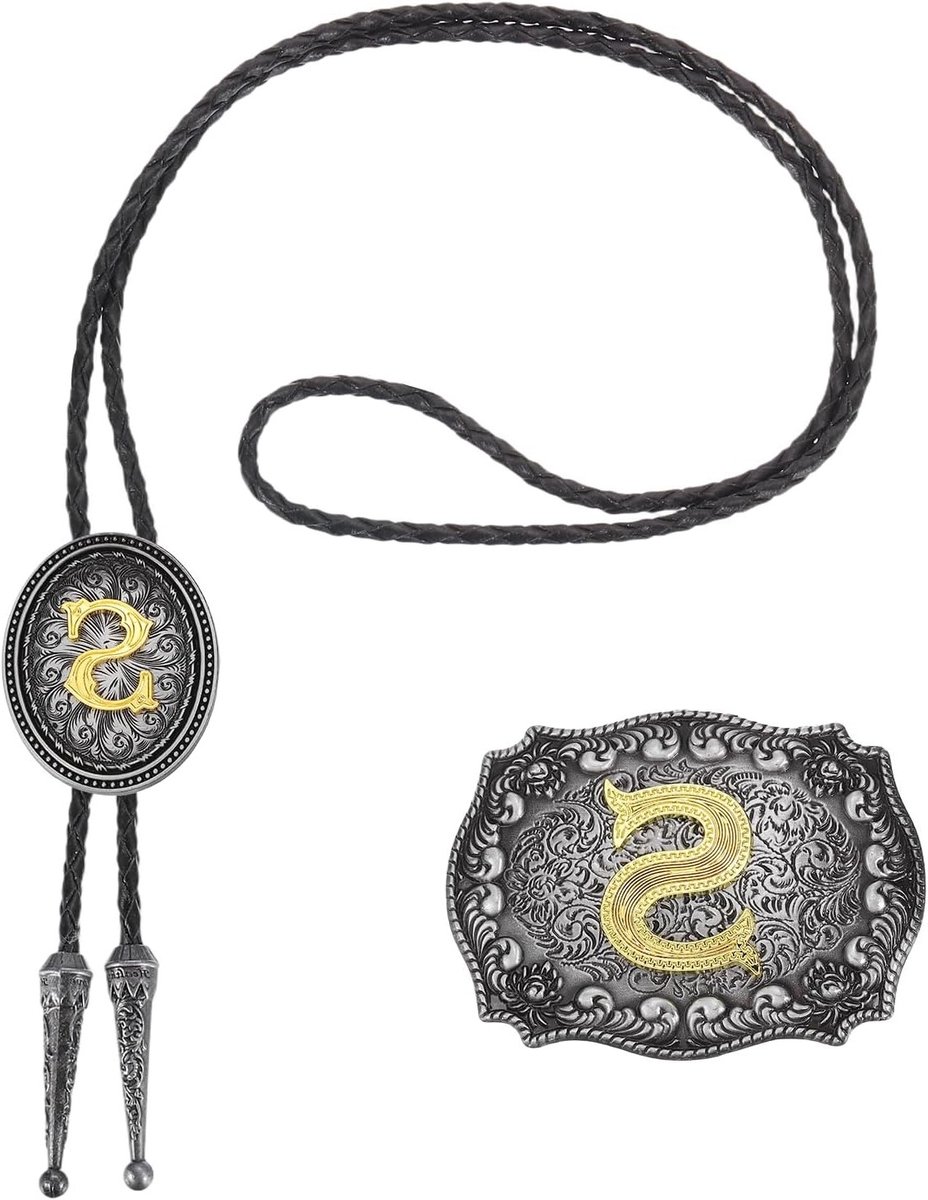 2 Stuks Bolo Western Cowboy Stropdas en Gesp Initiaal S Goud Lederen Armband voor Mannen en Vrouwen - Vintage Kostuum Accessoires in Grijs en Zwart/Goud