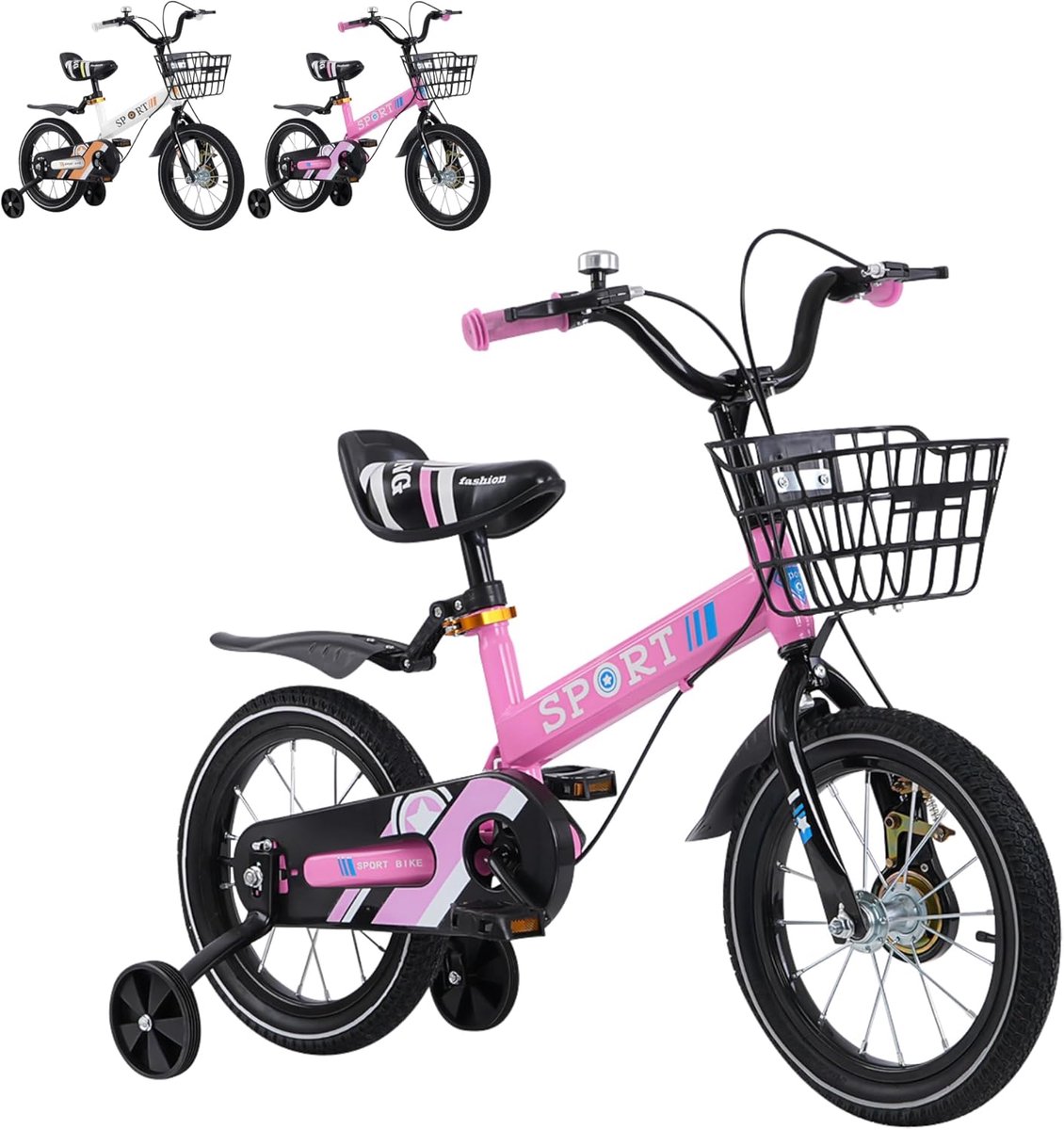 Kinderfiets met steunwielen Loopfiets voor kinderen Leren fietsen Stevig koolstofstaal frame 14 inch Roze