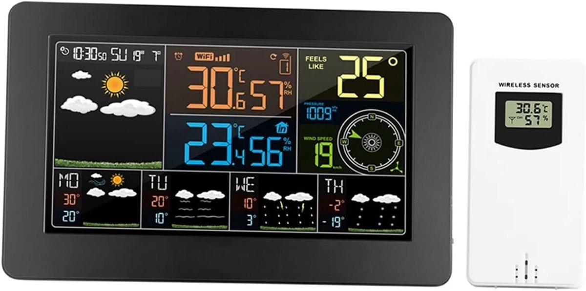 Slim Weerstation - Weermeter Klok - Weer Monitoren - App Controle - Binnen Buiten - Zwart